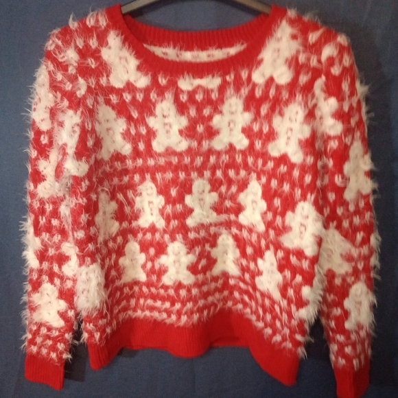 Grace‎ Fuzzy Gingerbread Sweater Red and White Women's Size Small - Picture 1 of 5